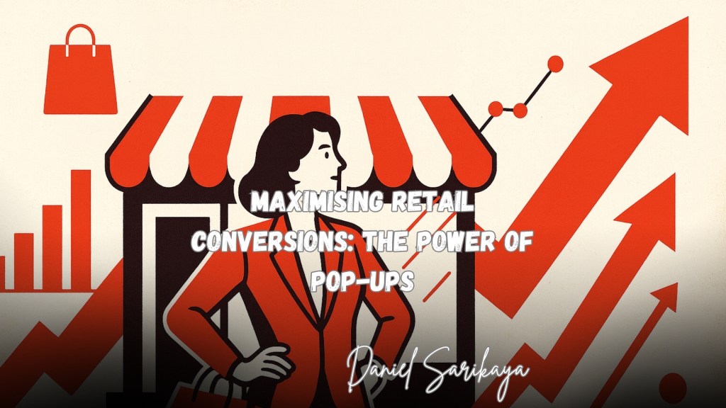 Illustration of a confident retail manager in front of a pop-up shop with rising charts and shopping icons, symbolizing retail conversions and engagement.