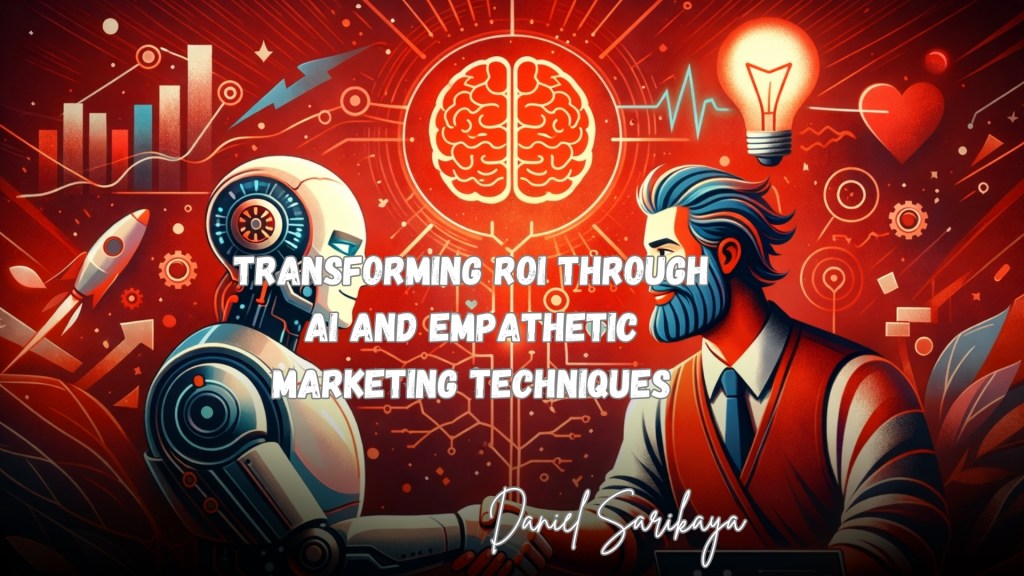 Illustration showing a human professional and an AI figure collaborating, symbolising the integration of artificial intelligence and human empathy in modern marketing strategies.