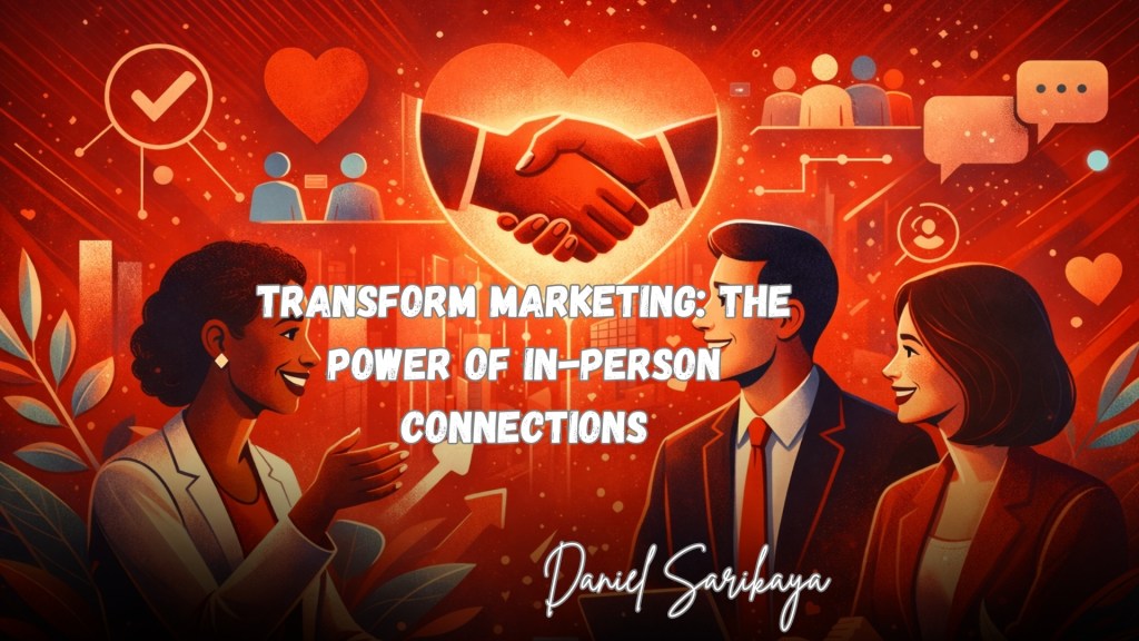 Illustration of people engaging in face-to-face conversation with symbolic elements of trust, connection, and community in a digital marketing context.