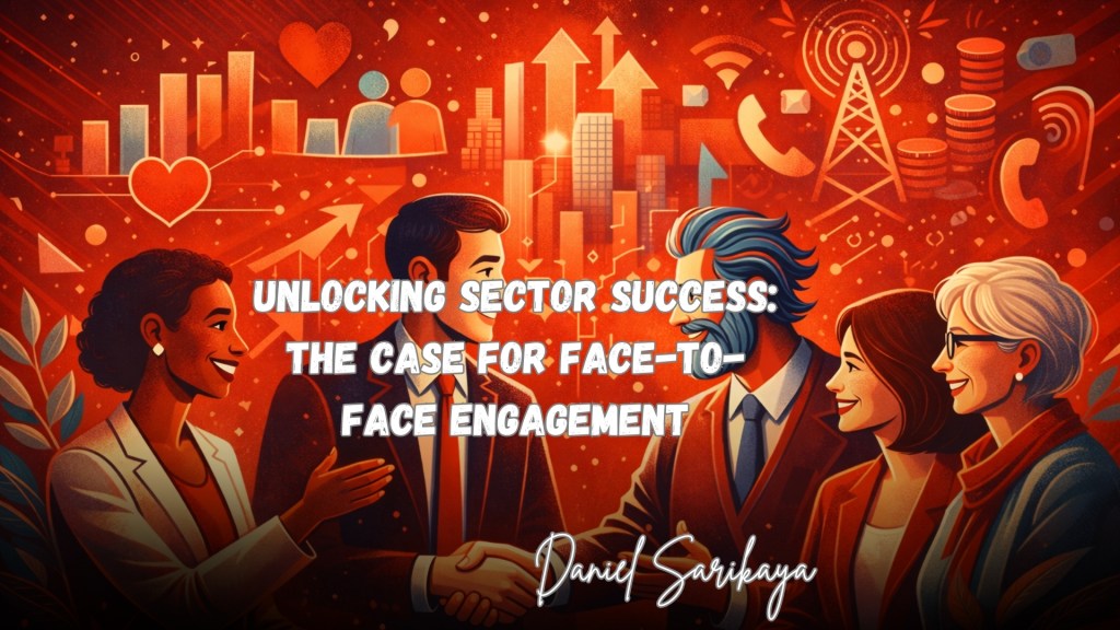 Illustration of professionals from different sectors engaging in personalised face-to-face interactions, symbolising trust, community connection, and sector-specific success.